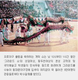 프로야구 출범을 축하하는 개막 쇼는 낮 12시부터 1시간 동안 '그라운드 쇼'와 성암여상, 동두천여상의 혼성 고적대 및 국악예술고 학생들의 민속무용 등으로 화려하게 그라운드를 수놓아 동대문야구장에 입추의 여지없이 꽉 들어찬 3만여명의 관중들로부터 박수갈채를 받았다.