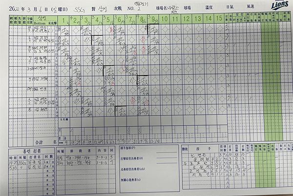 [삼성] 3/6(일) SSG전 연습경기 기록지