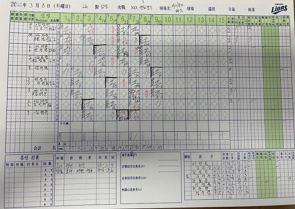 [삼성] 3/8(화) 삼성-LG전 기록지