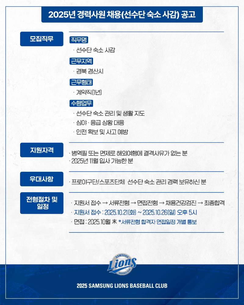 2025년 경력사원 채용(선수단 숙소 사감) 공고